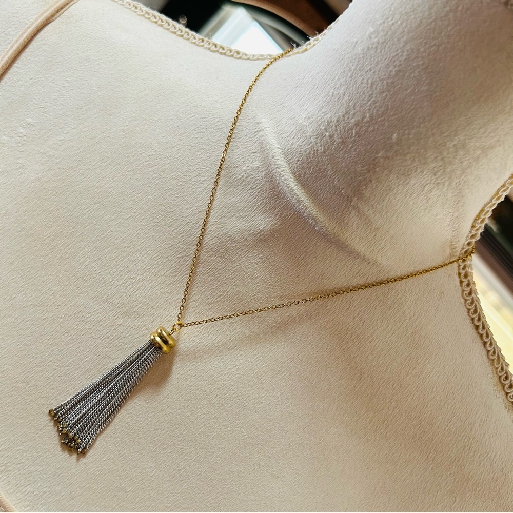 Handcrafted silver and gold chain fringe pendant on chain necklace